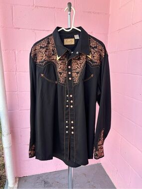 Scully Black Western Shirt with Copper Floral Embroidery